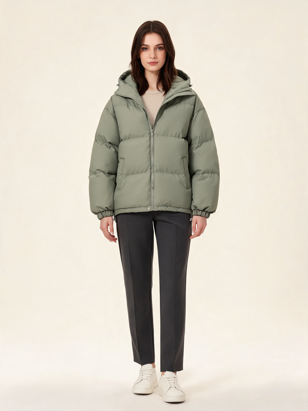 Sage hooded puffer jacket – front view