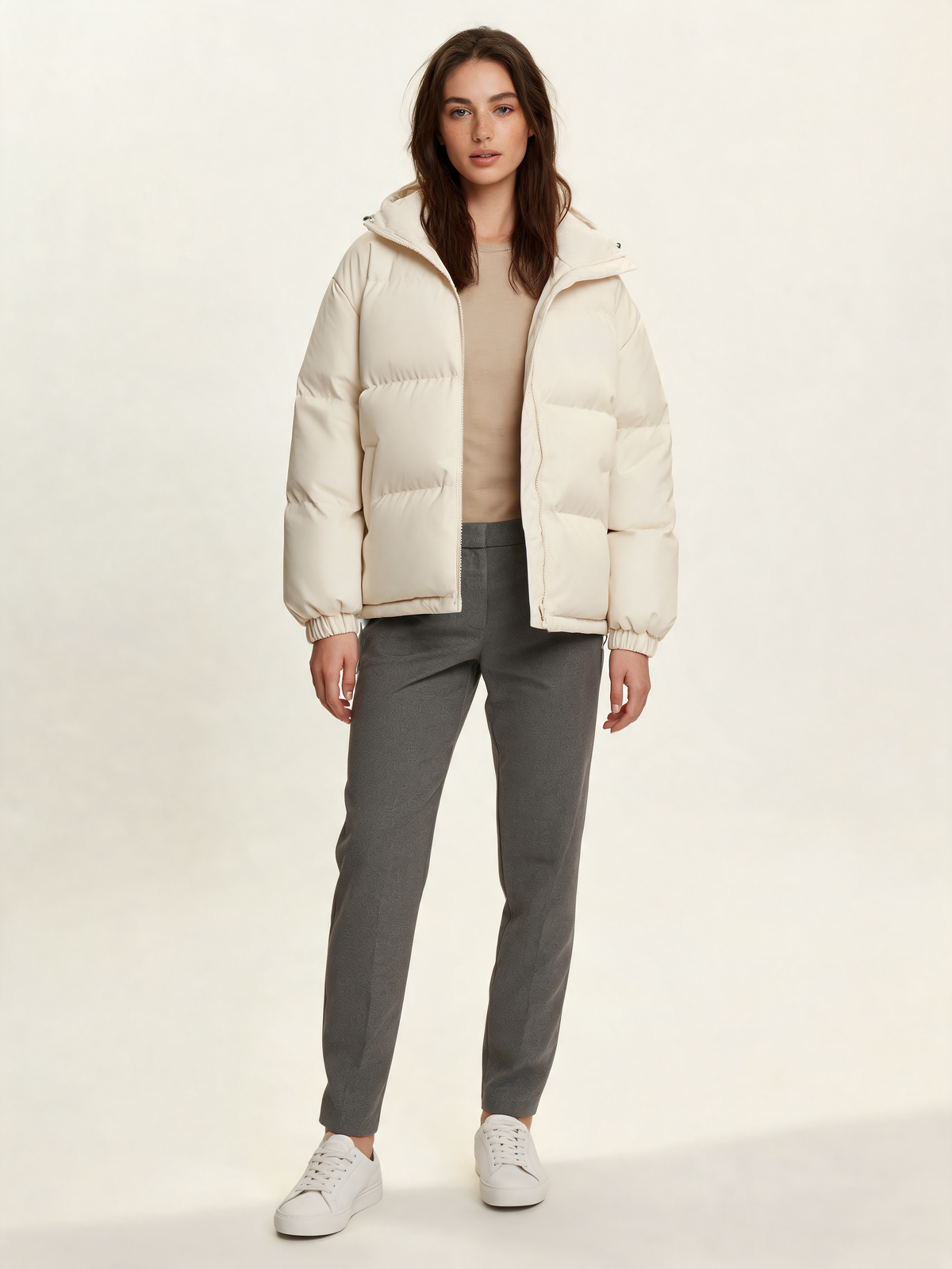 Cream hooded puffer jacket – front view
