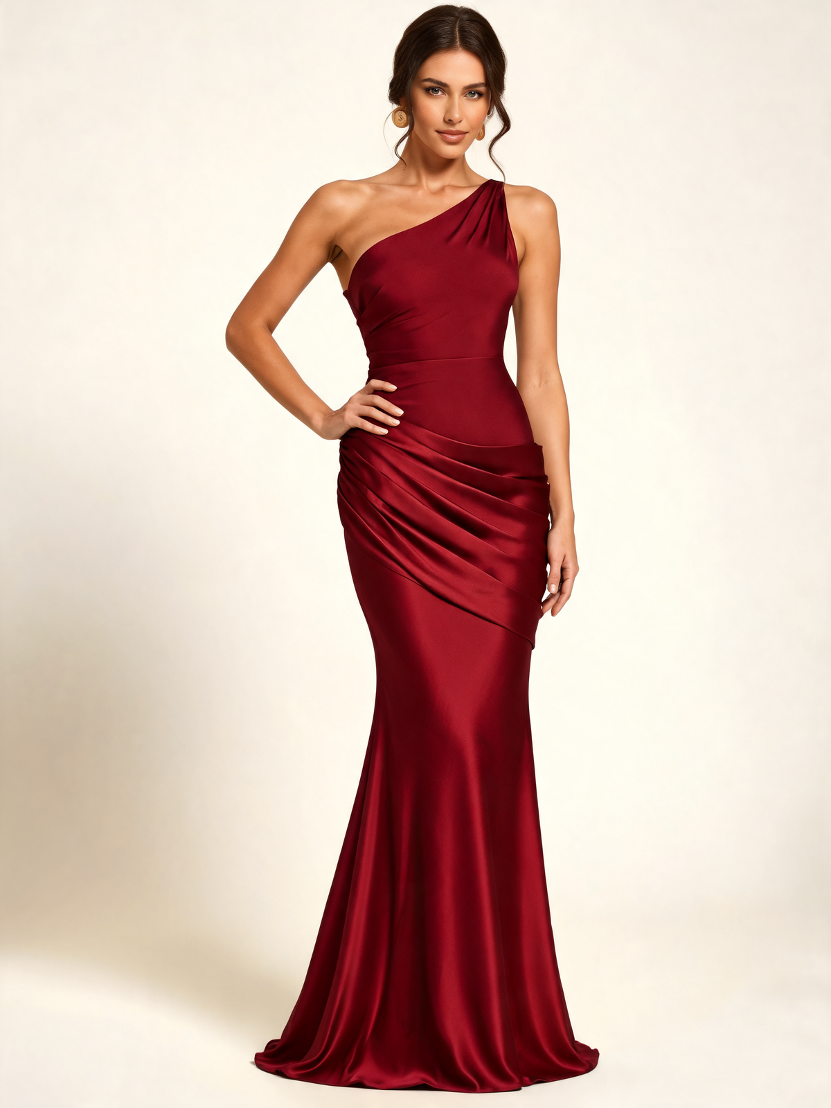 Burgundy wedding guest dress – three-quarter view