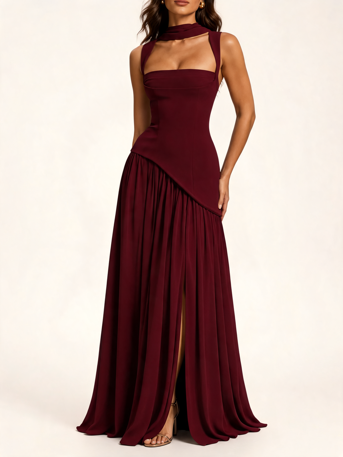Burgundy corset maxi dress – front view