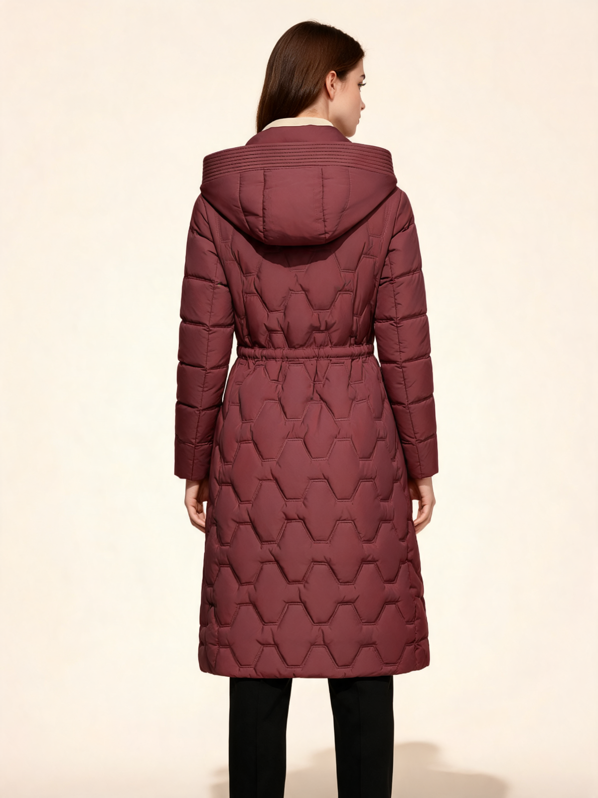 Burgundy ladies padded coat back view