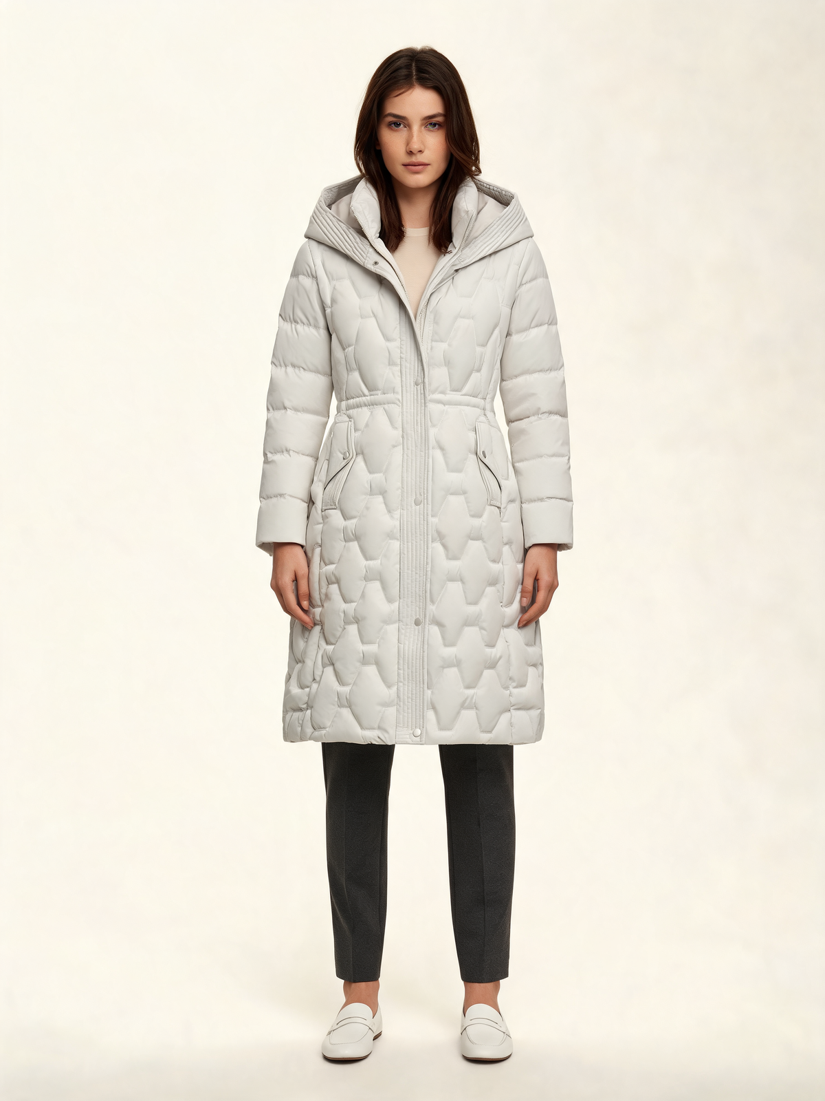 White ladies padded coat front view
