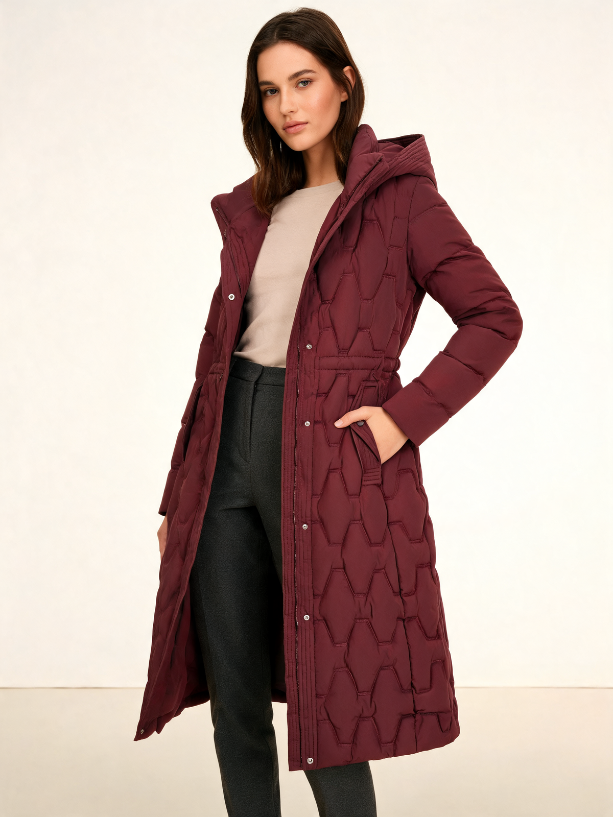 Burgundy ladies padded coat 3/4 view