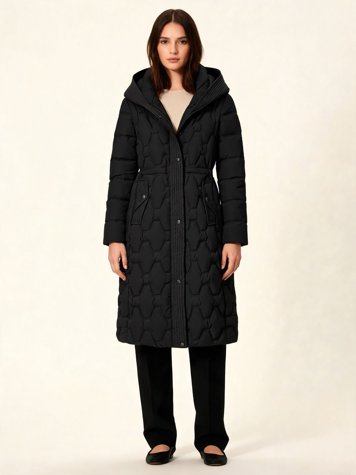 Black ladies padded coat front view