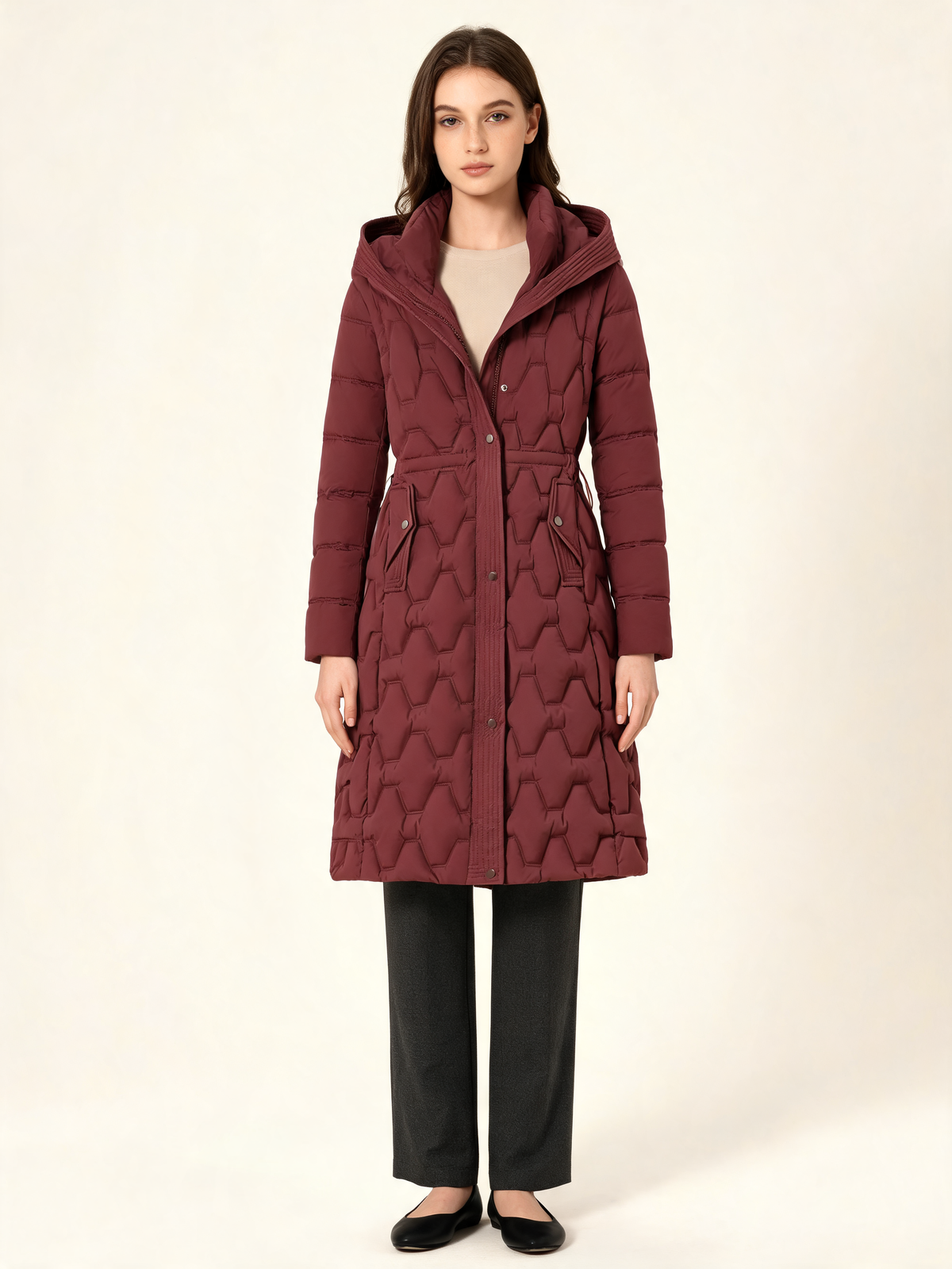 Burgundy ladies padded coat front view