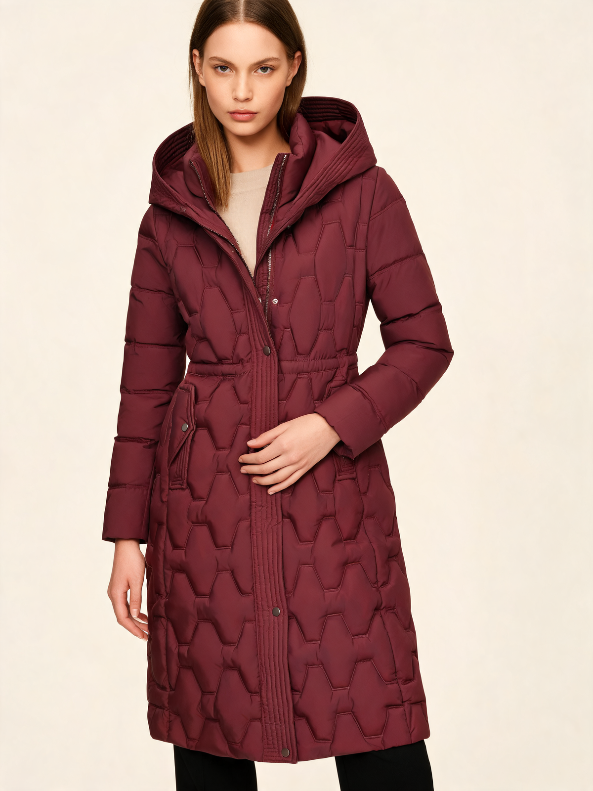 Burgundy ladies padded coat close-up