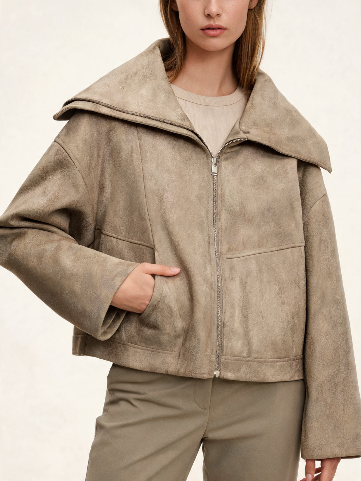 Light beige bomber jacket women close-up