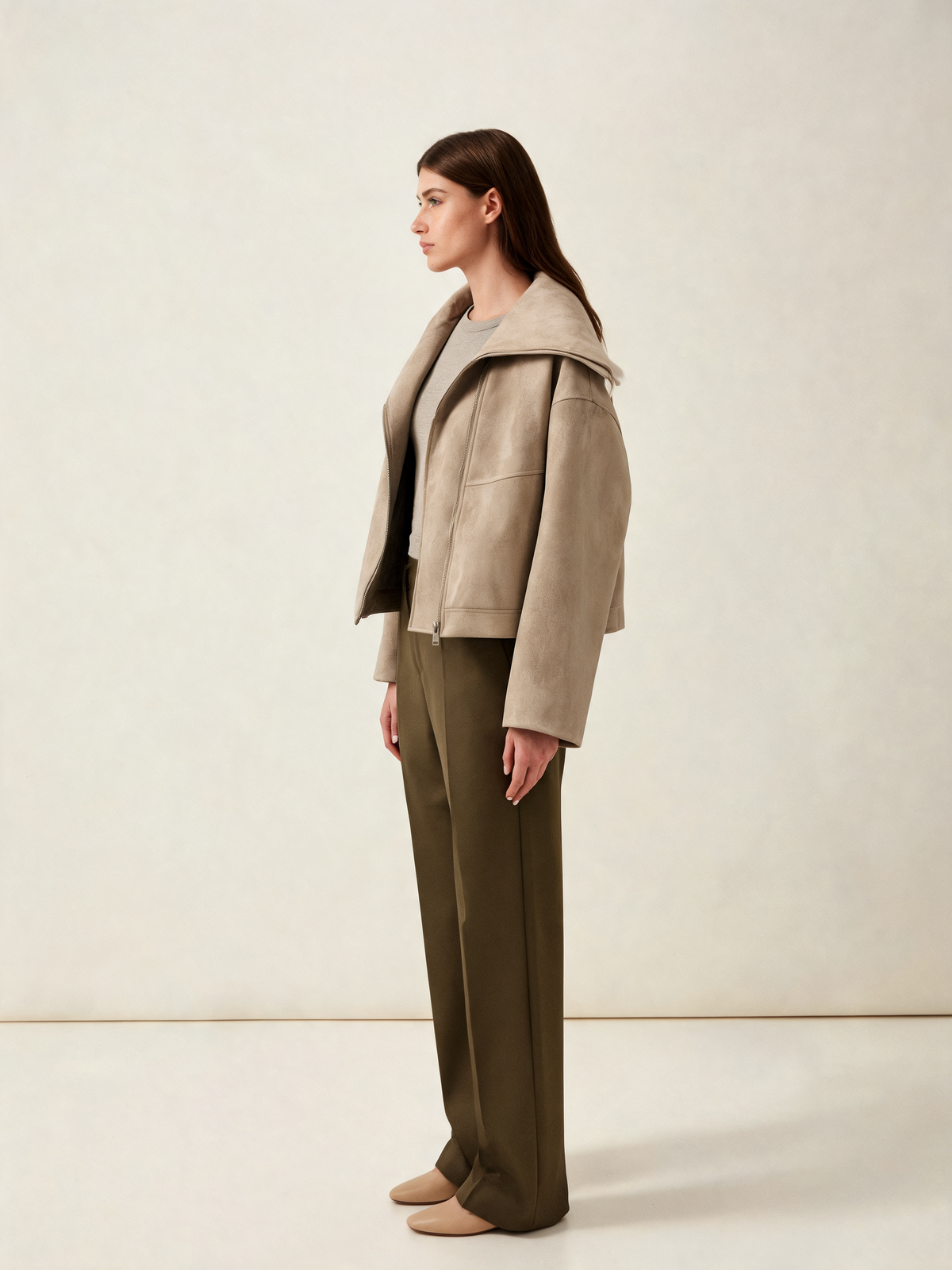 Light beige bomber jacket women side view