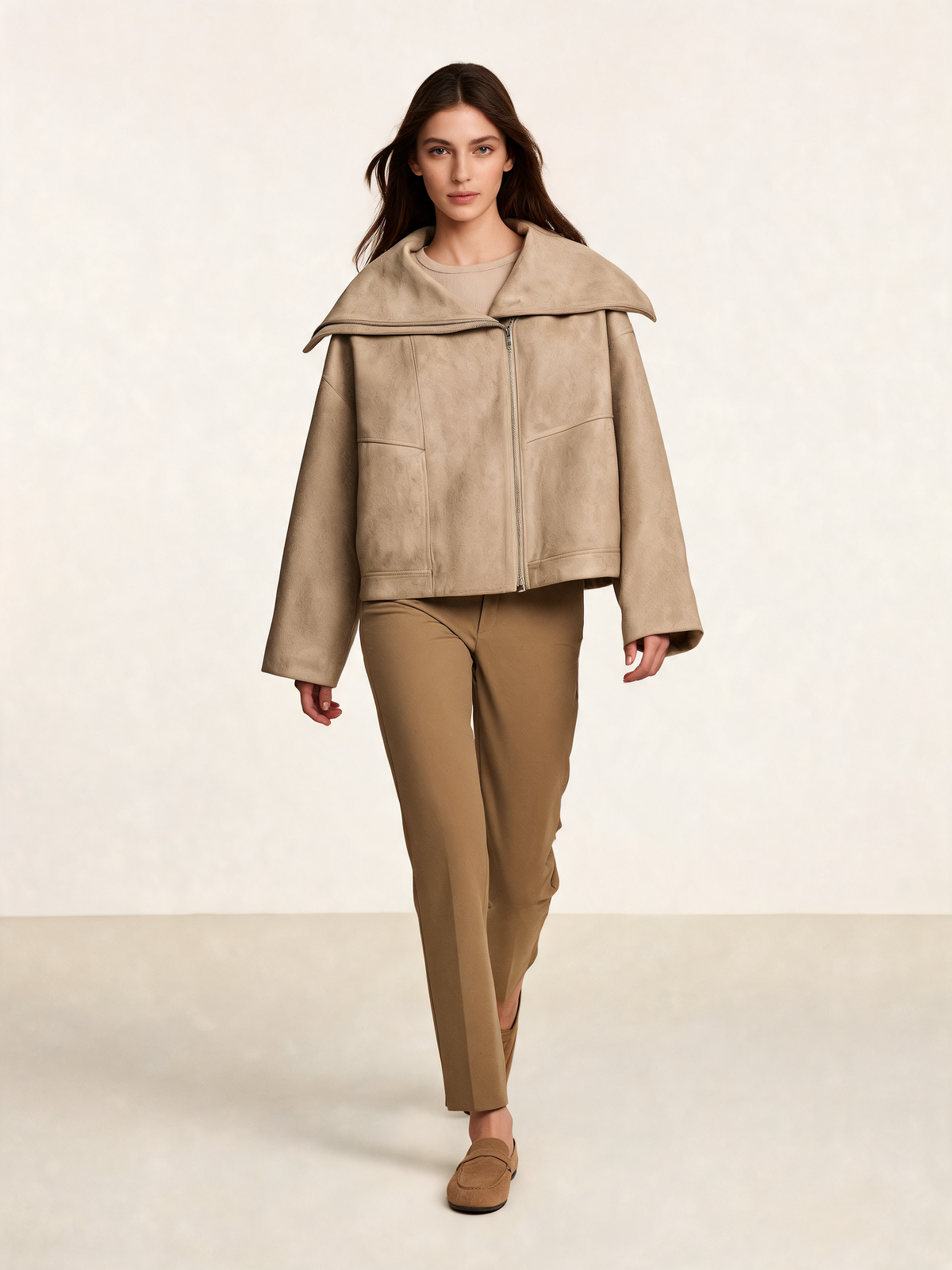 Light beige bomber jacket women walking view