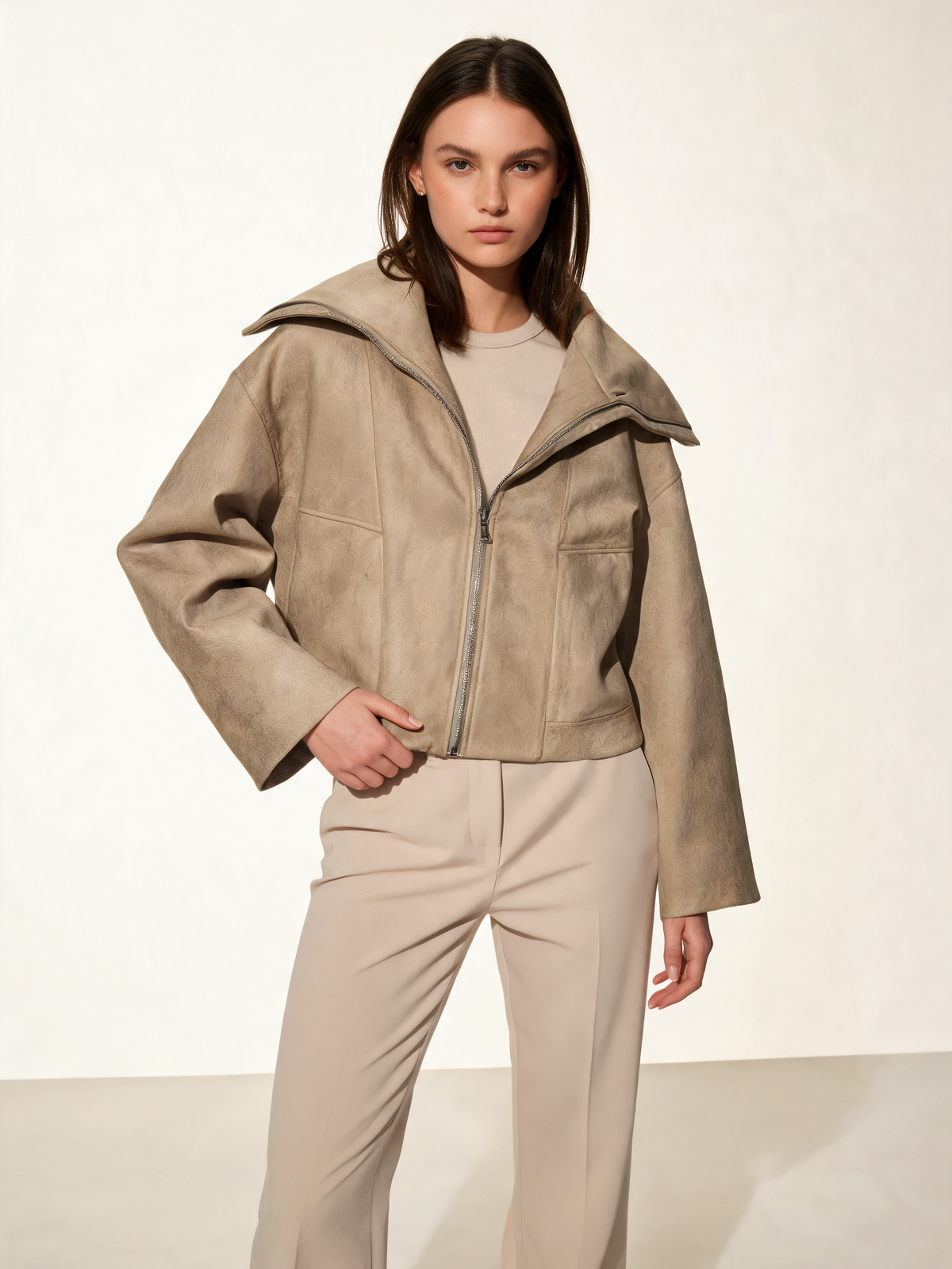 Light beige bomber jacket women 3/4 view