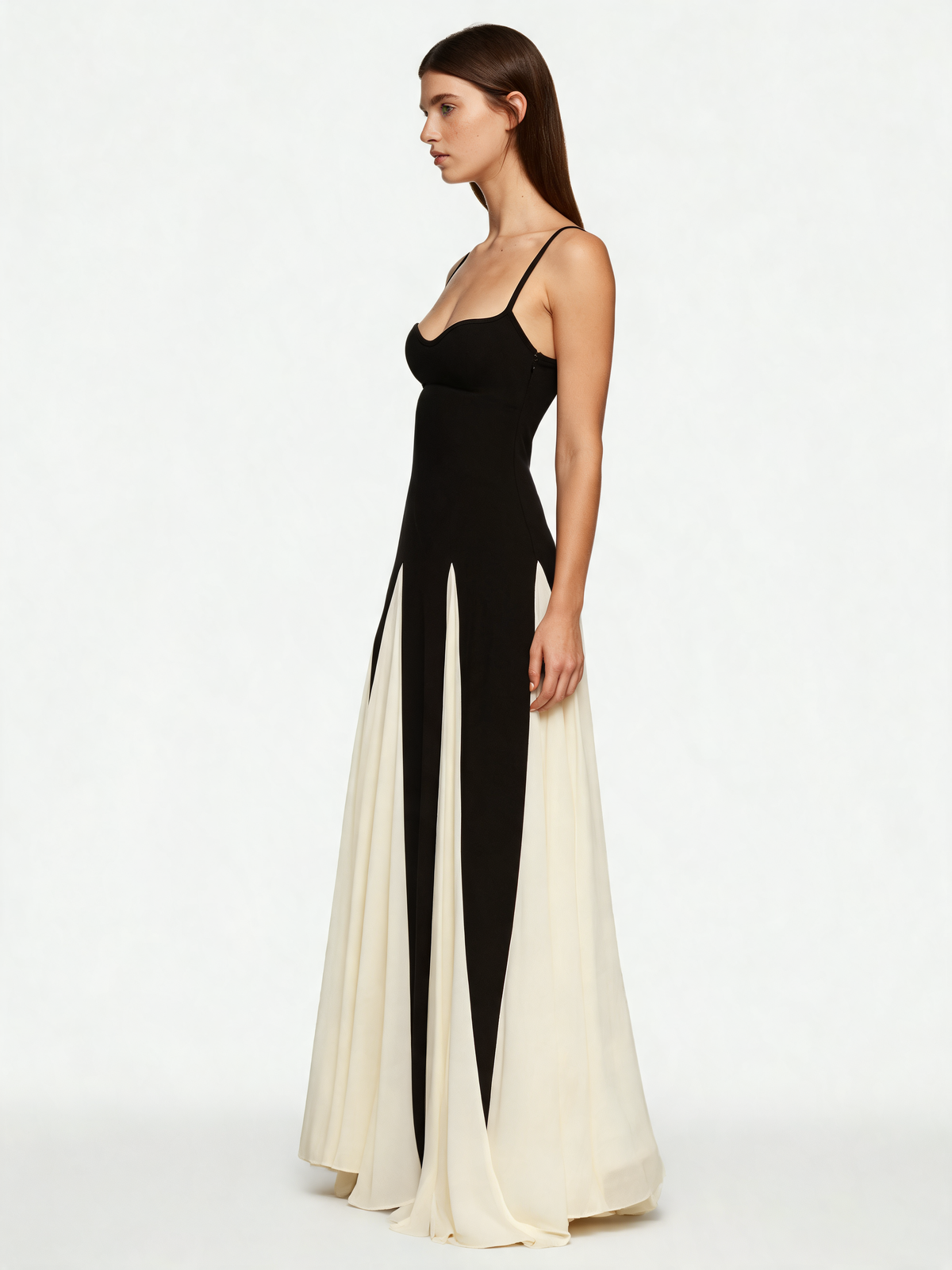 Black and cream evening dress side view
