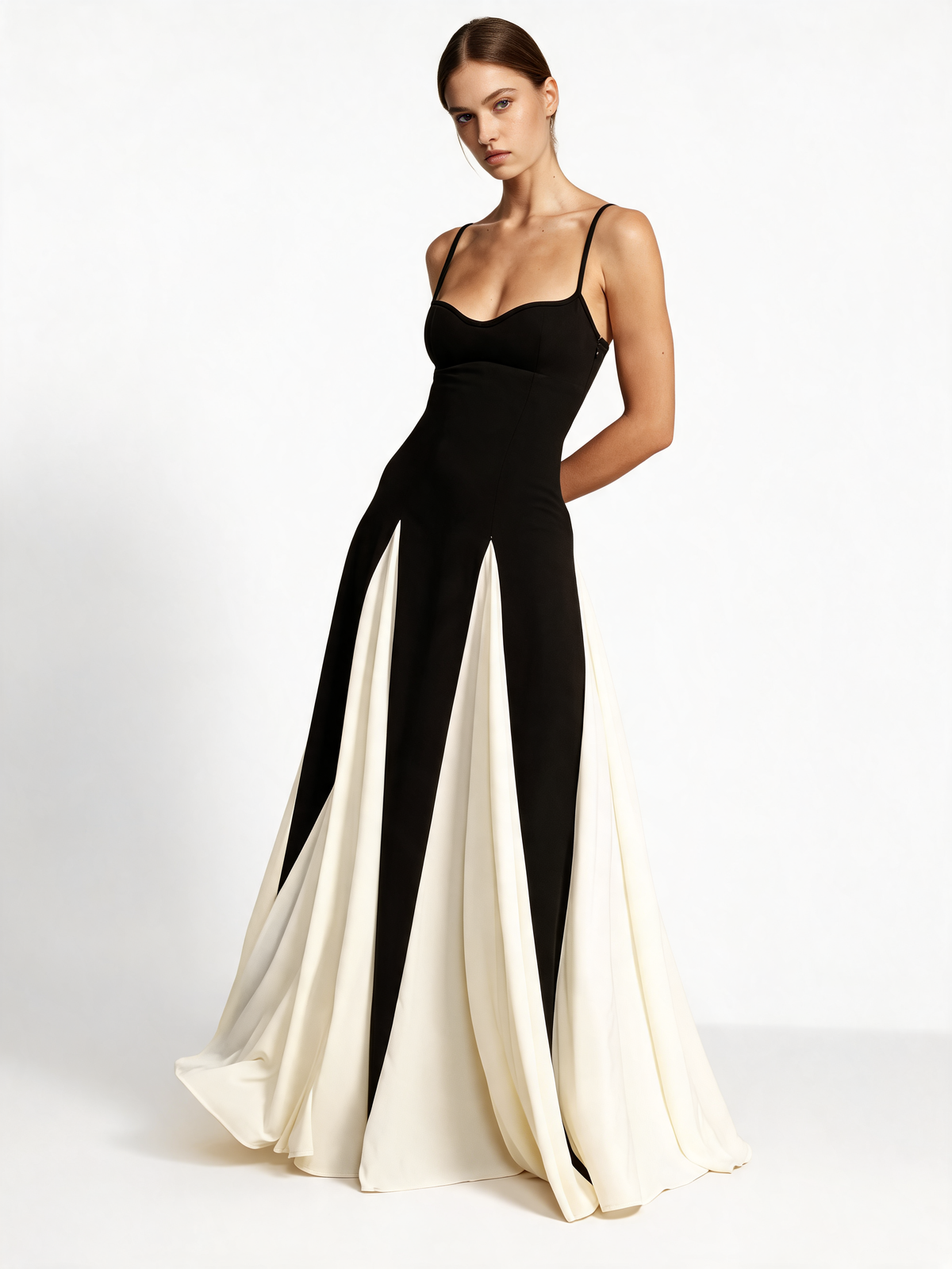 Black and cream evening dress 3/4 view