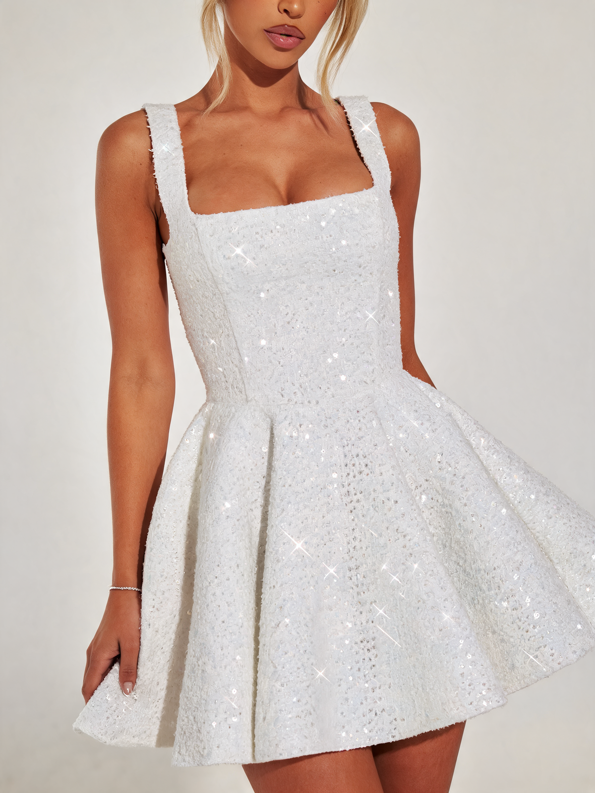 Ivory sequin tweed christmas party dress, fabric close-up