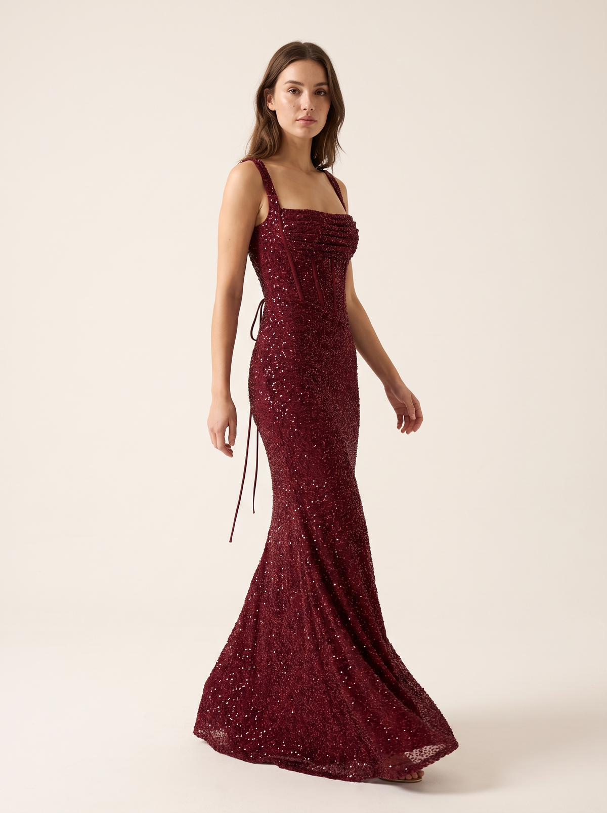 burgundy dress walking view