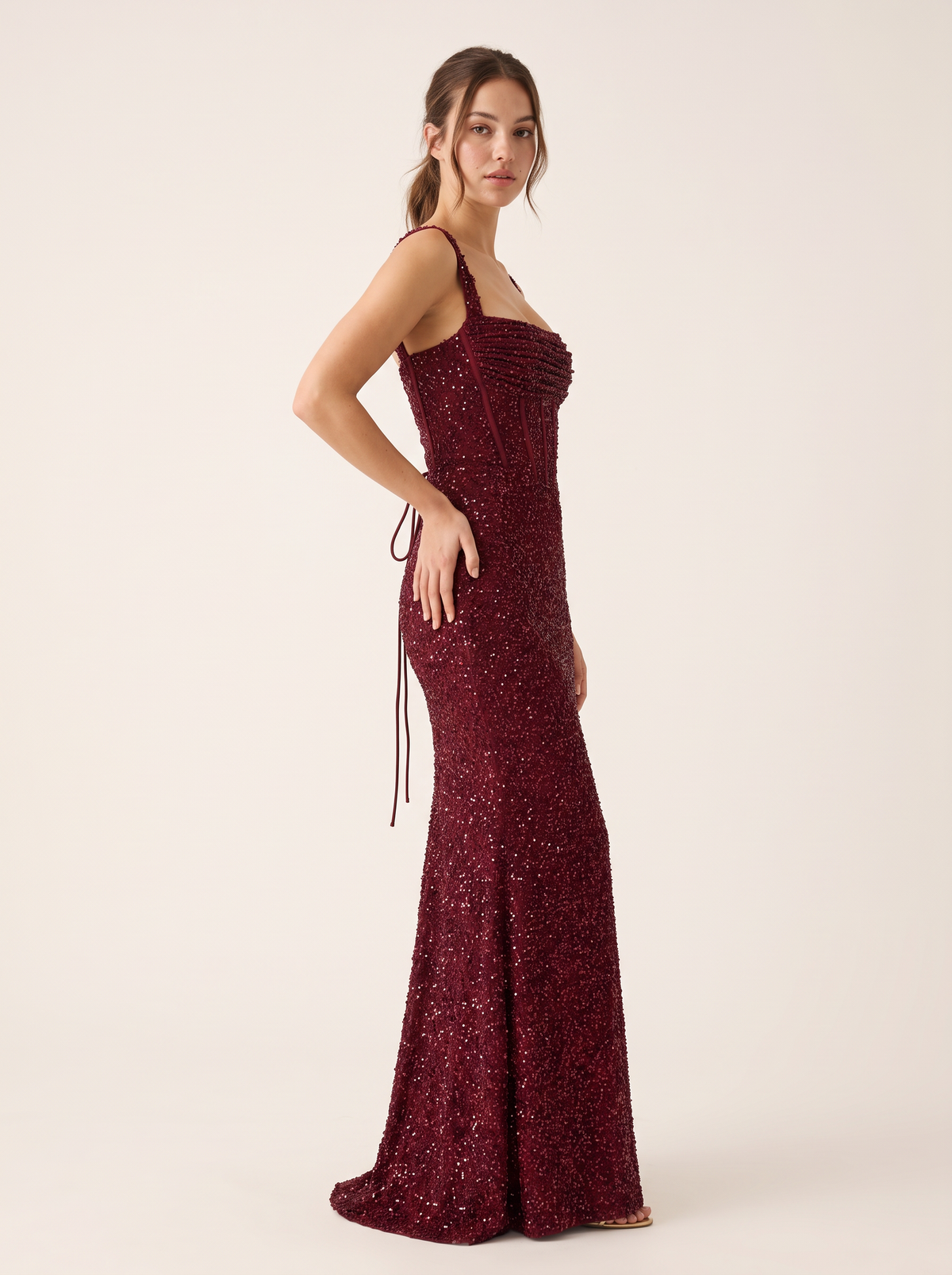burgundy dress three-quarter view
