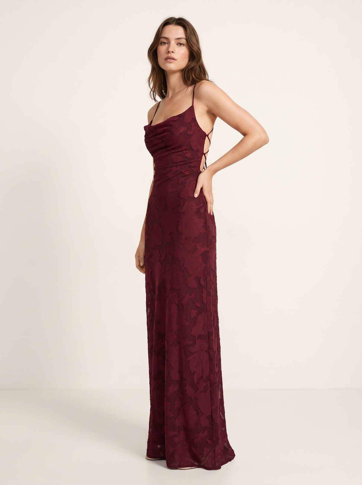 burgundy dress three-quarter view