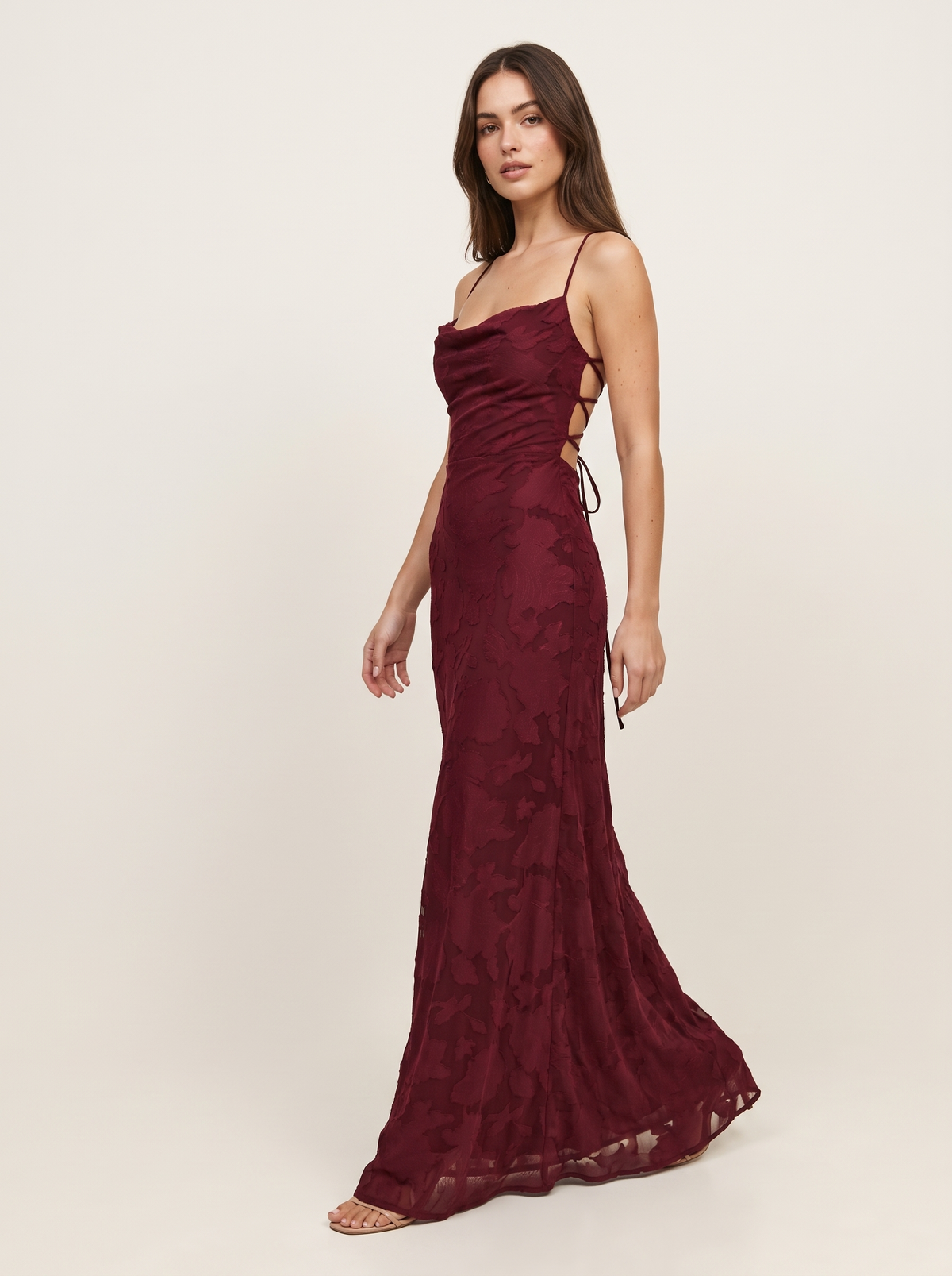 burgundy dress walking view