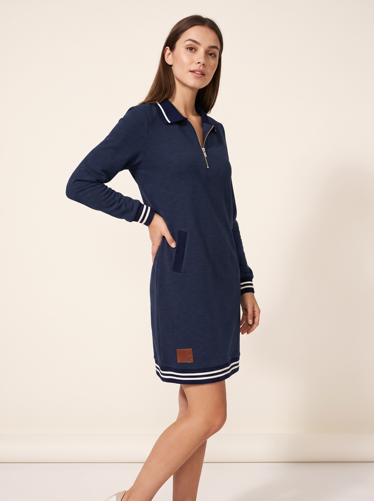 Navy long sleeve dress 3/4 front view