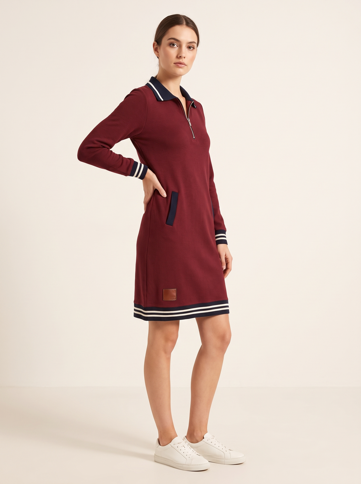 Red long sleeve dress 3/4 front view