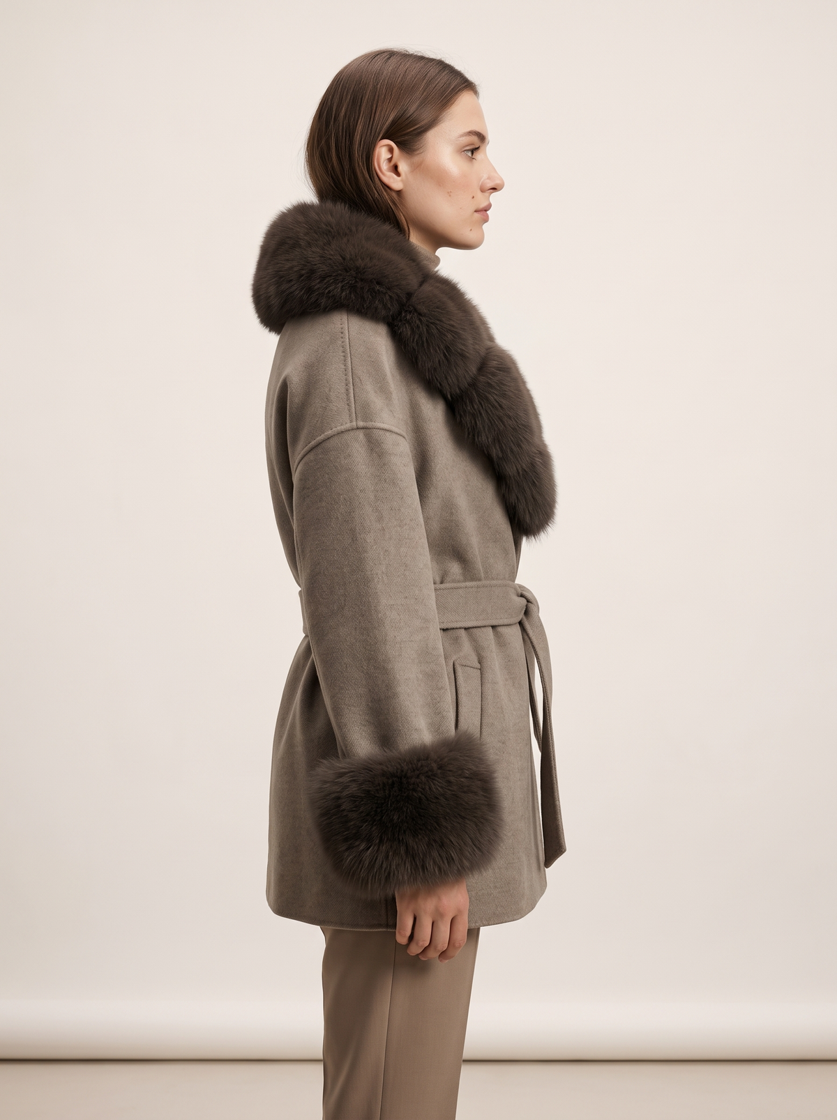 Taupe winter coat - side view