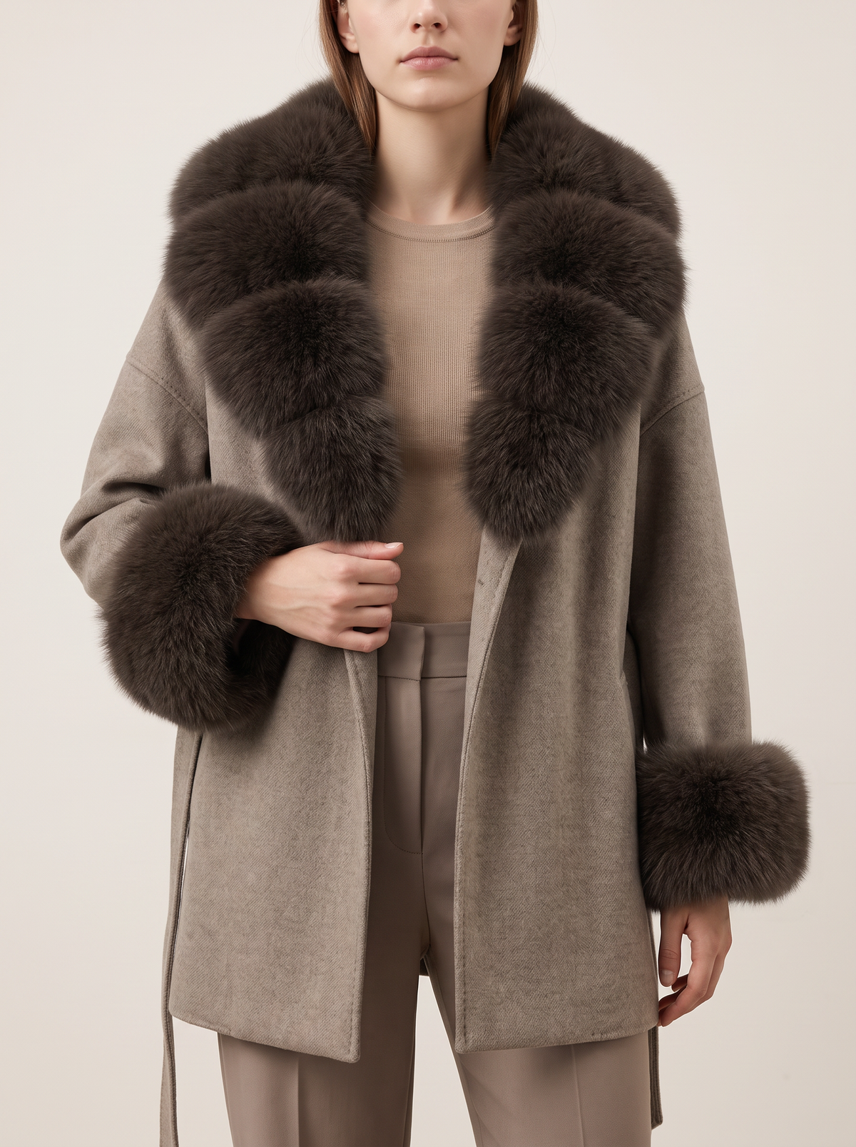 Taupe winter coat - close-up