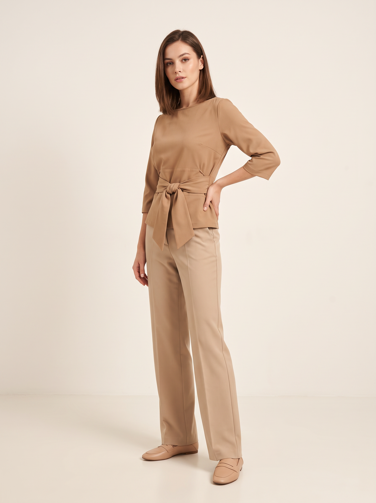 Khaki blouse tie waist bow front 3/4 view