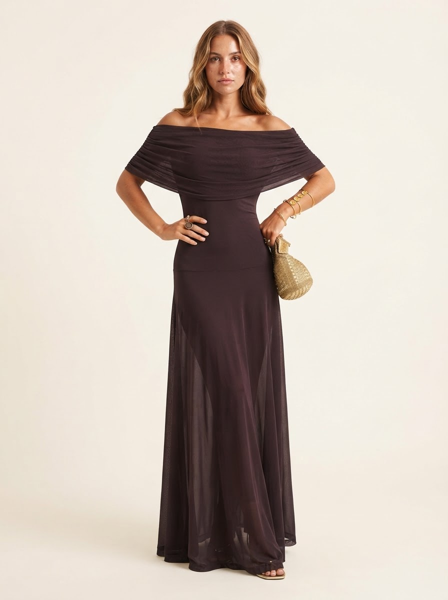 Marisol Brown Mesh Overlay Maxi Dress