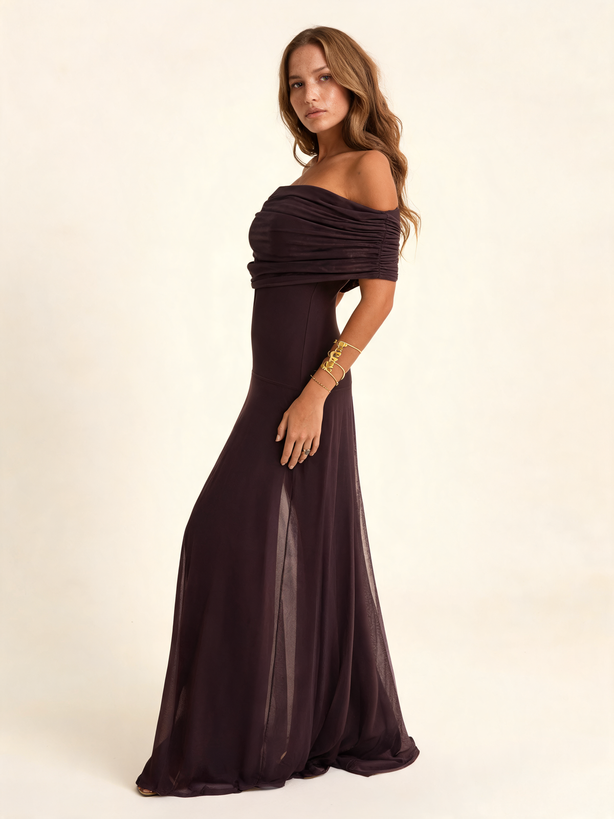 Marisol Brown Mesh Overlay Maxi Dress