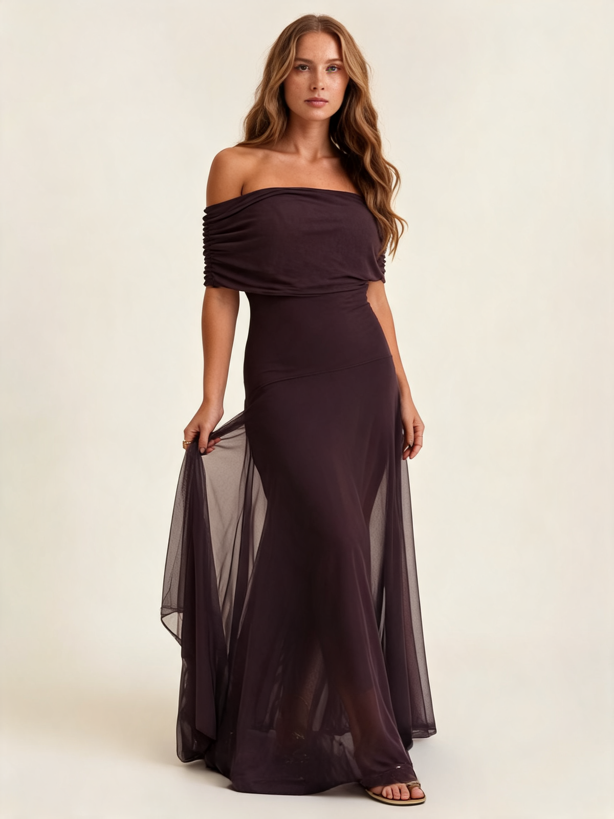 Marisol Brown Mesh Overlay Maxi Dress