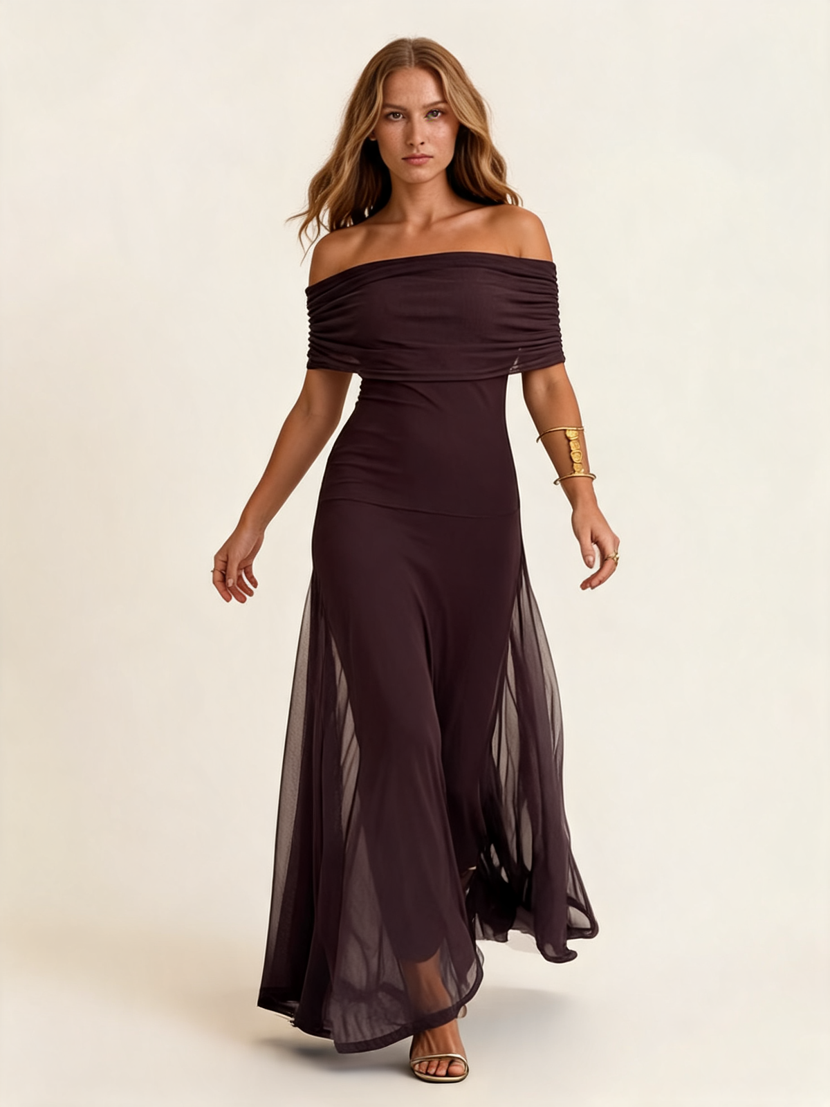 Marisol Brown Mesh Overlay Maxi Dress