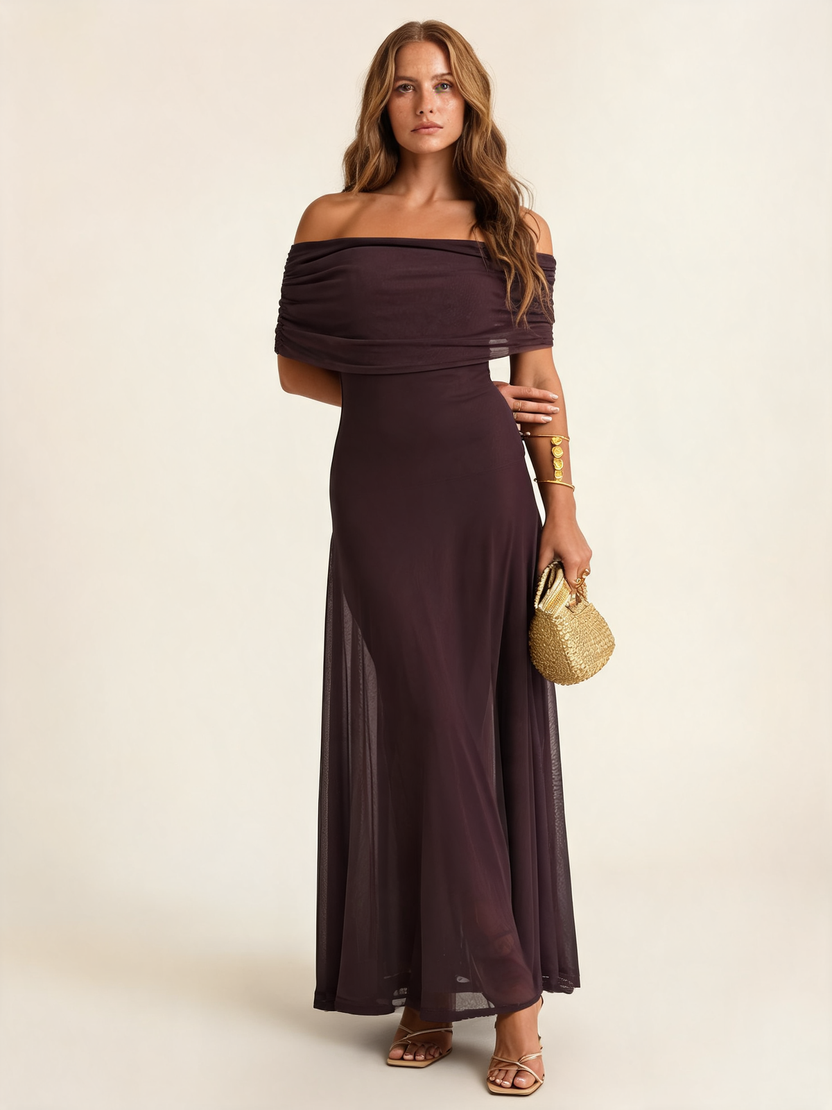 Marisol Brown Mesh Overlay Maxi Dress