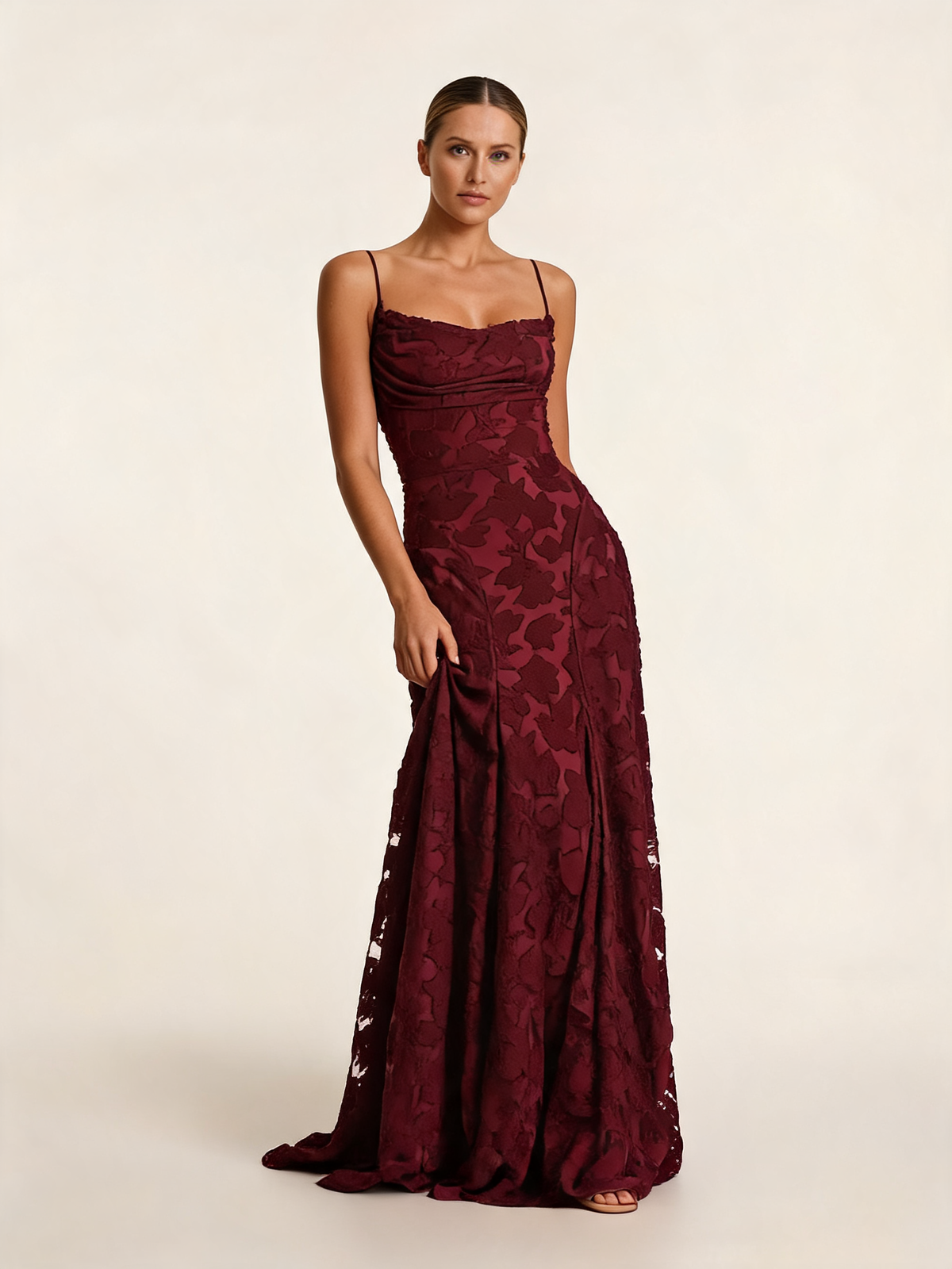 Elodie Burgundy Textured Overlay Maxi Dress